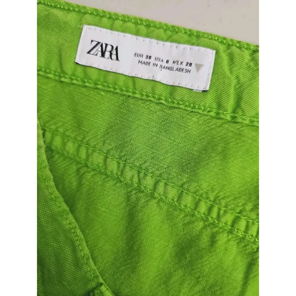 ZARA ~Woman Size 6(US)~ Apple Green Mid-Rise Linen Blend Wide Leg Pants NWT.
